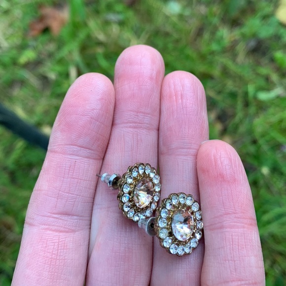 Large brilliant round stones gold pink clear crystals stud earrings like new - Picture 4 of 11